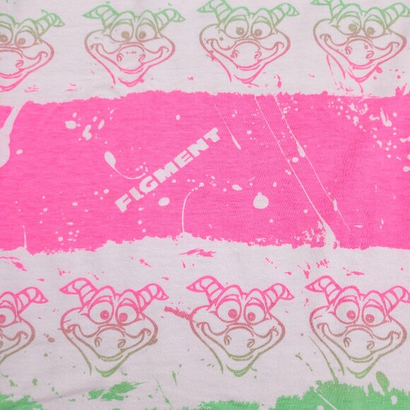 Vintage 80s Disney Figment All Over Print T Shirt Dragon Green Pink Neon L/XL - Picture 7 of 8